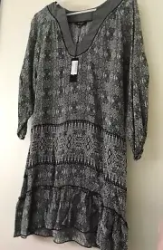 XL Tolani Silk Tunic Dress in Classic Black & White Print