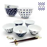 【西海陶器】日本輕量瓷波佐見燒5入飯碗組+3入碗公組-藍丸紋