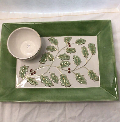 Noritake Holly & Berry Gold Rectangular Chip & Dip Set NIB Vegetable Fruit Tray