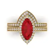 2.1 MQ Round Cut Halo Tourmaline Statement Ring Band bridal Set 14k Yellow Gold