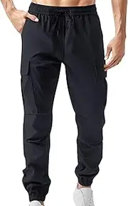 [Aosufei] Men's Elastic Waist Drawstring Stylish Tapered Pants Casual Solid Cargo Athletic Trousers Comfort Work Outdoor Pants, Dark Blue, Medium