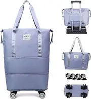 [CALUOMATT] Foldable Travel Bag Expandable,Rolling Duffle Bags with Wheels,Weekender with Rolling Wheels, Haze Blue, One Size, Fashion