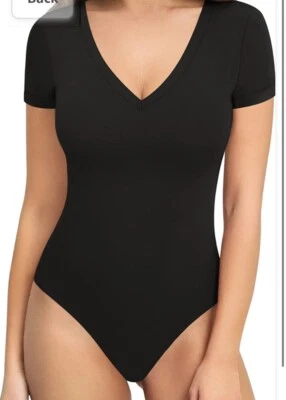 MANGOPOP Women's Large Folded Over Sleeve Bodysuit VNeck Black NEW NWT