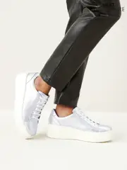 Silver Lace Up Signature Forever Comfort® Leather Chunky Wedge Platform Trainers (N44298) | $98