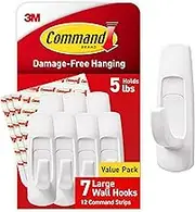 Command Large Utility Hooks, Damage Free Hanging Wall Hooks with Adhesive Strips, No Tools Wall Hooks for Hanging Decorations in Living Spaces, 7 White Hooks and 12 Command Strips