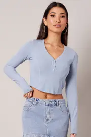 Blue V Neck Top Long Sleeve Button Front - Size M, Women's Top