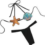 [THSCWY] Sexy Shiny Metallic Swimsuit for Women Two Piece Strap Bikini Set Shell Shape Extreme Micro Tiny Swimwear with Thong, Black, M