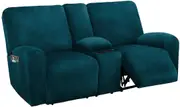 2 Seater with Middle Console Slipcover, Velvet Stretch Loveseat Reclining Sofa Covers, Thick, Soft, Washable, Deep Teal