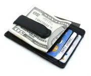 Black Genuine Leather Men's Money Clip ID Badge Flat Front Pocket Wallet