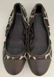 Cole Haan Giraffe Print Ballet Flats Comfort Elastic Brown Leather Cap Toe