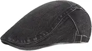 [Huloretions] Men Women Denim Newsboy Flat Cap Breathable Ivy Gatsby Hat Cabbie Newsboy Beret Hats with Adjustable Buckle, Black, One Size