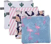Ipetboom 4Pcs Sanitary Napkin Storage Bags Adorable Menstrual Pad Pouches with Zipper Multi Purpose Coin and Card Holders Cute Cactus Flamingo Stripe and Floral Designs