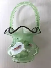 Fenton Mary vintage Gregory Green Glass Hand Painted By A. Russece Braided Vase