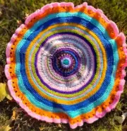Bright Retro Mandala Rug W/Ruffles. Handmade Crochet. Round. 2ft.