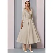 Beach Wedding A-Line Gold Dresses Mother of the Bride Dress Wedding Guest Elegant Vintage Plus Size V Neck Tea Length Satin 3/4 Length Sleeve with Pleats dress
