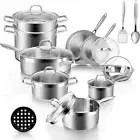 Professional Stainless Steel Pots and Pans Set, 18-Piece Induction Cookware S...