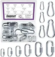 Swpeet 30Pcs M3.5 M4 M5 M6 M7 M8 Galvanized Safety Chain Quick Link and Galvanized Spring Snap Hook Carabiner Clips Assortment Kit, Heavy Duty Chain Connector Chain Coupler D Shape Locking Carabiner