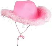 [Generic] Cowboy Hat With Feathers - Sparkly Cowgirl Hat,Bride Festival Fancy Dress Sparkly White Trim Hats Western Hats For Party Costume, Cowboy Themed Birthday