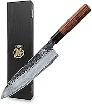 MITSUMOTO SAKARI 22 cm Japanese Gyuto Chef Knife, Professional Hand Forged Kitchen Chef Knife, 3 Layers 9CR18MOV High Carbon Meat Sushi Knife (Rosewood Handle and Wooden Box)