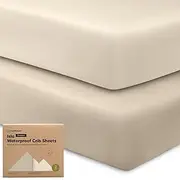 Waterproof Crib Sheets for Boys, Girls - 2-Pack Bamboo Fitted Cot Sheet, Waterproof Mattress Protector, Baby Cot Sheets Neutral, Cot Mattress Sheet, Toddler Bed Sheets, Baby Sheets (Ecru)