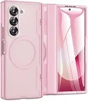 [Caka] for Samsung Galaxy Z Fold 4 Case [Magnetic Charging] [Hinge Protection] [Built-in HD Screen Protector] Translucent Hard Shockproof Magnet Phone Cover for Fold4 - Pink