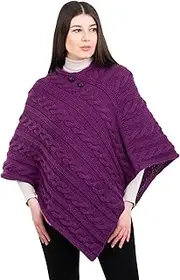 [ARAN ISLE] Ladies Irish Aran Cable Knit Buttoned Poncho- 100% Virgin Wool