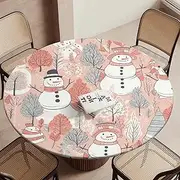Round Fitted Tablecloth Waterproof Table Cloth with Elastic Edge Design White Snowman Pattern Table Covers Vinyl Tablecloths for Picnic Wipeable Table Cloth for Indoor Outdoor