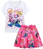 [alphonce] Princess Peach Cosplay Costume Girls Kids Cartoon Short Sleeve Tutu Skirt Dance Dress 2Pcs Outfit Top Tee