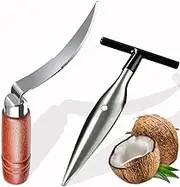 Premium Coconut Opener Tool Set -Stainless Steel Coconut Puncher and Coconut Meat Remover Scraper Knife with Durable Non-Slip Wooden Handle,Coconut Punch Tools