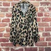 Boohoo Tunic Top Womens Size 22 Multicolor Leopard Animal Print Satin Button Up