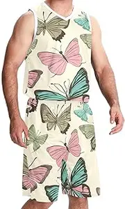 [KQNZT] Basketball Jersey and Shorts, Outfit Tank Top Track Shorts, Men's Basketball Jersey, Retro Butterfly Art
