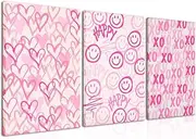 ZNHART Framed Pink Preppy Canvas wall art Prints Set of 3 Graffiti Hearts Wall Decor Happy Painting XO poster Picture Girly art College dorm Girls Gifts for Girls Room Bedroom 16"x24"x3