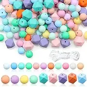 Jyongmer 101 PCS Silicone Beads for Keychain Making - 15mm, 14mm, 12mm Polygonal Colorful Beads With Rope for DIY Necklace Bracelet Jewelry Crafts (Beads-Set A)