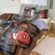 v5747 Bed Sheets Bedding Cars Piston Cup Circuit Blue, Red, And Yellow, Lightning McQueen And Mater 3 Piece Toddler Bed Set - Comforter, 1 Duvet Cove