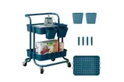 (Blue)2 Tier Kitchen Rolling Storage Cart with Wheels Handle & Hooks & Cups