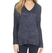 $395 NWT VINCE SzXS METALLIC TEXTURED WOOL-SILK V-NECK PULLOVER SWEATER NAVY