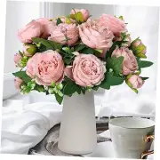 Faux Flowers with Vase Fake Bouquet with Stems Artificial Greenery Peony Pink