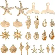 [SUNNYCLUE] 1 Box 24Pcs 12 Styles Real 18K Gold Plated Ocean Charm Bulk Cute Sea Animal Charms Brass Summer Beach Golden Animals Charm for Jewelry Making Charms Necklaces Bracelets Party Decorations