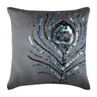 Cushion Case Silver 16"x16", Bed Decor Silk Peacock Feather - Peacock Feather