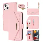 Crossbody Phone Case Wallet PU Leather Flip Wrist Holder iPhone Cases-Pink