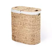 Hand Woven Natural Wicker WaterHyacinth Lidded Oval Double Laundry Hamper w Bags
