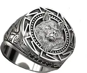 [SUKKCCNO] 925 Silver Men's Vintage Wolf Totem Ring Myth Warrior Wolf Head Men's Ring Cool Boy's Ring