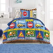 dream FACTORY Kids 5-Piece Complete Set Easy-Wash Super Soft Microfiber Comforter Bedding, Twin, Navy Blue Under Construction