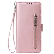 For Samsung S10 Solid Pu Leather Zipper Wallet Double Buckle Protective Case With Stand and Lanyard Rose Gold