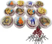 Set of 12 Red Rose Rosary Catholic Cross Red Carved Beads Silver Plated
