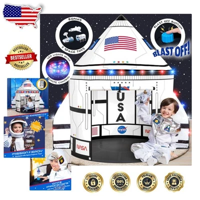 Space Shuttle Explorer Tent with Blast-Off Button & LED Lights for Kids Age 3-5