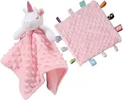 CREVENT Cozy Plush Baby Security Blanket Loveys for Baby Girls, Minky Dot Front + Sherpa Backing with Animal Face (Pink Unicorn + Tag)