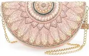 [MARY FRANCES] Pink Petals Beaded Crossbody Handbag Daisy-Motif Half-Moon Convertible Clutch Bag, Pink