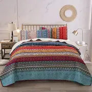 Bohemian Quilt Set King, Boho Striped Printed Bedding Bedspread Coverlet Set for