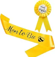 AIMALL Mom to Bee Suit Set | Yellow Bee Theme Baby Shower Kit | Includes Mom to Bee Sash & Dad to Be Badge | Shoulder Strap & Badge for New Parents